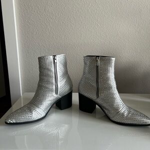 ASOS Design heeled chelsea boot in silver with diamante studs.
